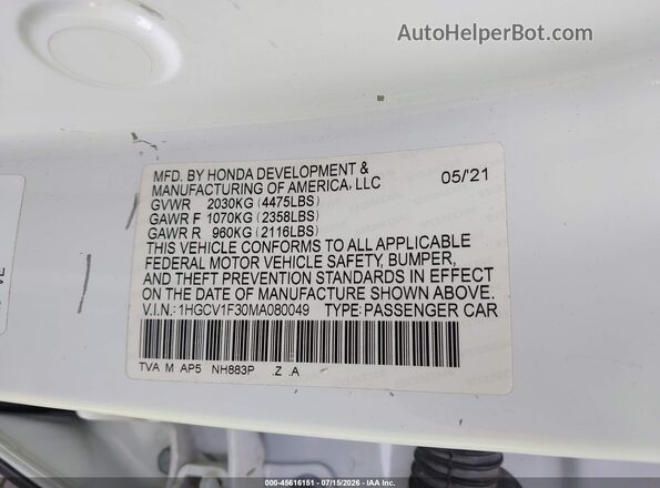 1HGCV1F30MA080049 2021 HONDA ACCORD White Vista del compartimento del motor