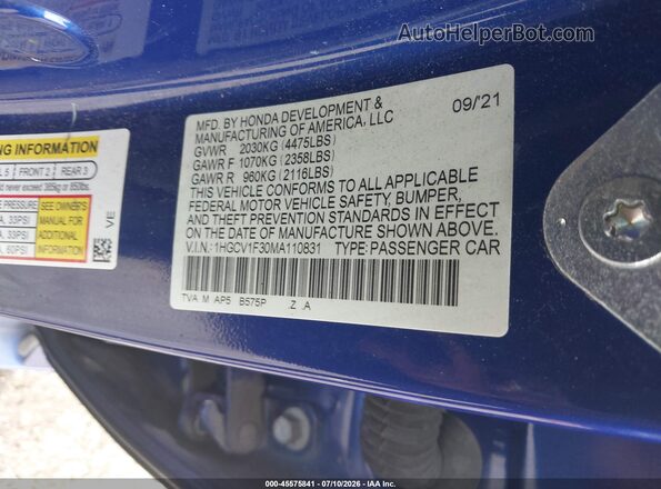 1HGCV1F30MA110831 2021 HONDA ACCORD Blue Vista del compartimento del motor
