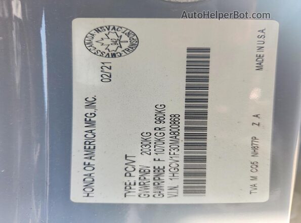 1HGCV1F30MA800868 2021 HONDA ACCORD Gray Շարժիչի բաժամունքի տեսք