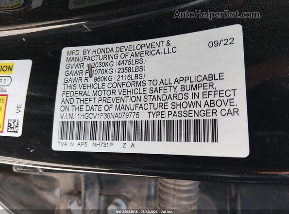 1HGCV1F30NA079775 2022 HONDA ACCORD Black Շարժիչի բաժամունքի տեսք