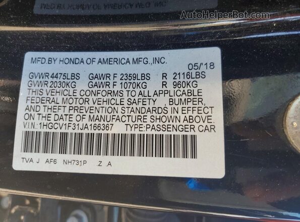 1HGCV1F31JA166367 2018 HONDA ACCORD Black VIN կոդի պիտակի տեսք