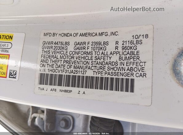 1HGCV1F31JA251127 2018 HONDA ACCORD White Engine compartment view