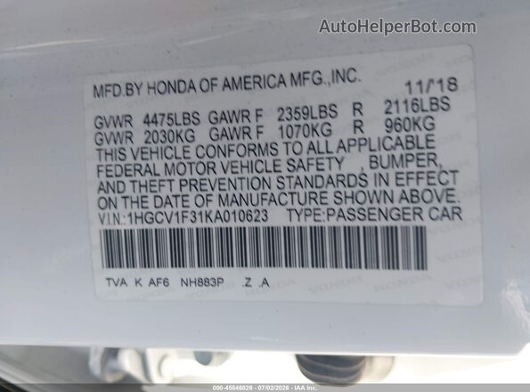 1HGCV1F31KA010623 2019 HONDA ACCORD White Շարժիչի բաժամունքի տեսք