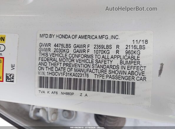 1HGCV1F31KA023176 2019 HONDA ACCORD White Вид підкапотного простору