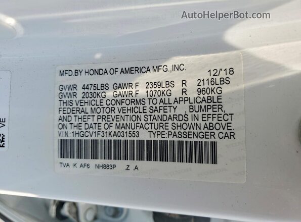 1HGCV1F31KA031553 2019 HONDA ACCORD White Engine compartment view