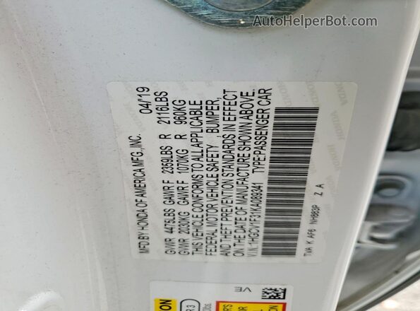 1HGCV1F31KA089341 2019 HONDA ACCORD White Widok naklejki z numerem VIN