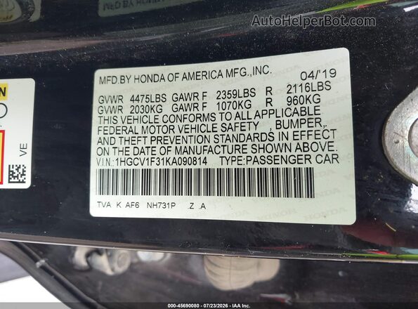 1HGCV1F31KA090814 2019 HONDA ACCORD Black Vista del compartimento del motor