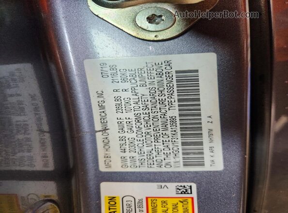 1HGCV1F31KA135895 2019 HONDA ACCORD Gray Engine compartment view