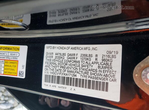 1HGCV1F31KA171294 2019 HONDA ACCORD Black VIN კოდის სტიკერის ხედი