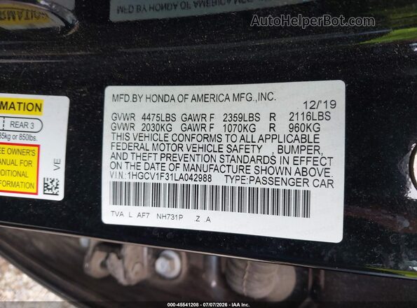 1HGCV1F31LA042988 2020 HONDA ACCORD Black Widok komory silnika