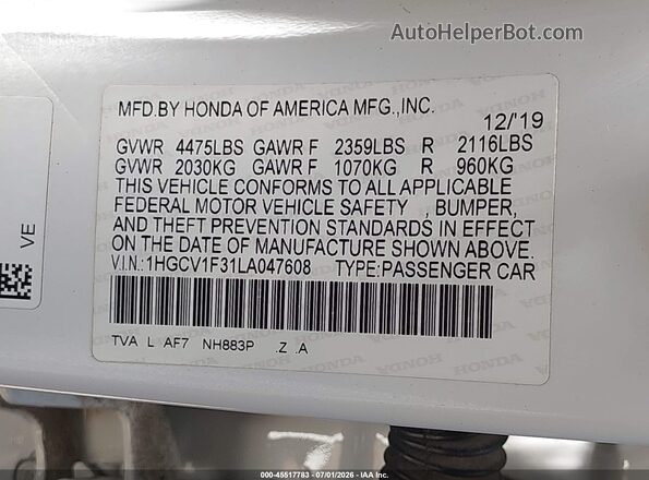 1HGCV1F31LA047608 2020 HONDA ACCORD White Вид підкапотного простору