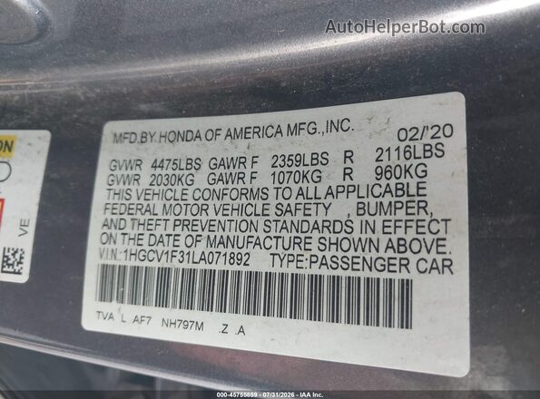 1HGCV1F31LA071892 2020 HONDA ACCORD Gray Вид підкапотного простору