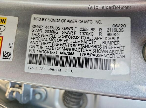 1HGCV1F31LA087865 2020 HONDA ACCORD Silver Widok naklejki z numerem VIN