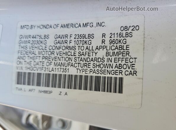 1HGCV1F31LA117351 2020 HONDA ACCORD White Вид наклейки з VIN-кодом