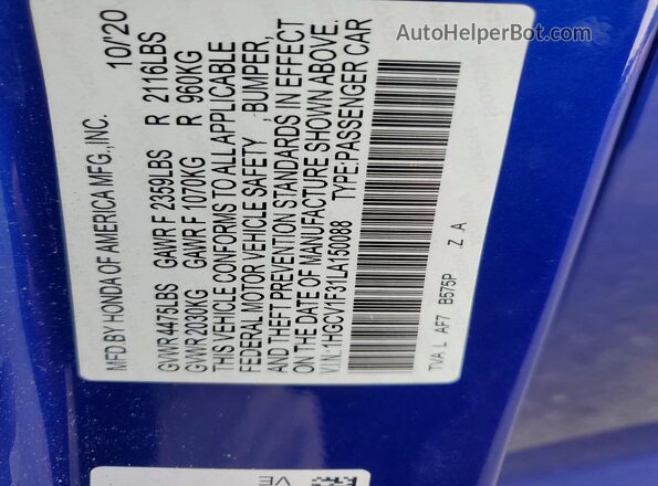 1HGCV1F31LA150088 2020 HONDA ACCORD Blue Engine compartment view