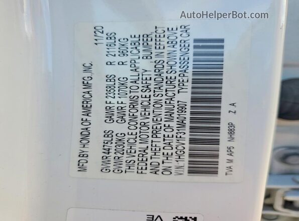 1HGCV1F31MA019907 2021 HONDA ACCORD White Vista del compartimento del motor