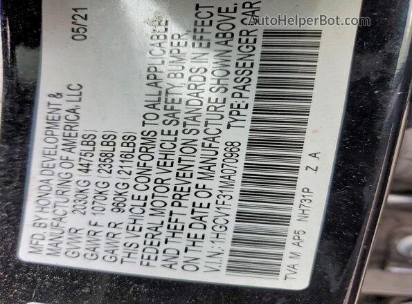 1HGCV1F31MA070968 2021 HONDA ACCORD Black Engine compartment view