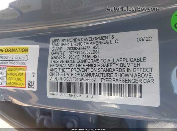 1HGCV1F31NA036952 2022 HONDA ACCORD Gray Շարժիչի բաժամունքի տեսք