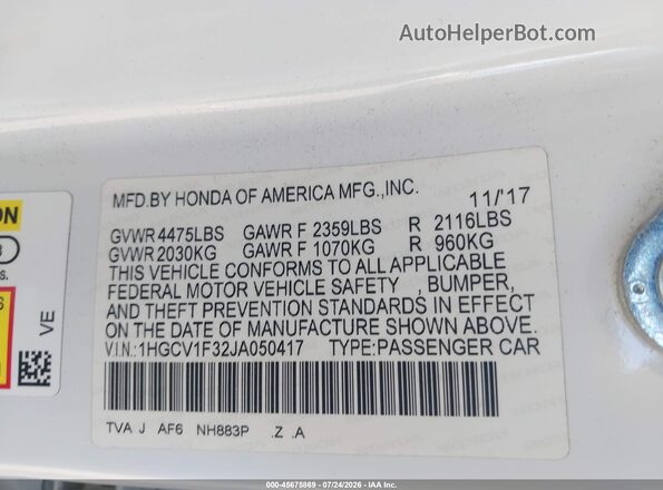 1HGCV1F32JA050417 2018 HONDA ACCORD White Widok komory silnika