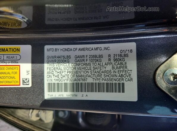 1HGCV1F32JA097687 2018 HONDA ACCORD Gray ძრავის განყოფილების ხედი