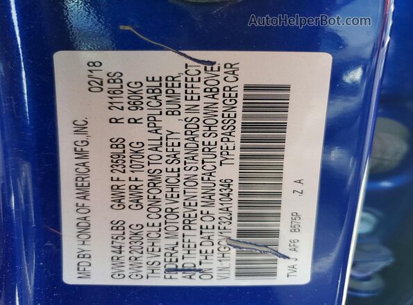 1HGCV1F32JA104346 2018 HONDA ACCORD Blue Widok komory silnika