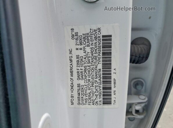 1HGCV1F32JA243764 2018 HONDA ACCORD White Вид наклейки з VIN-кодом