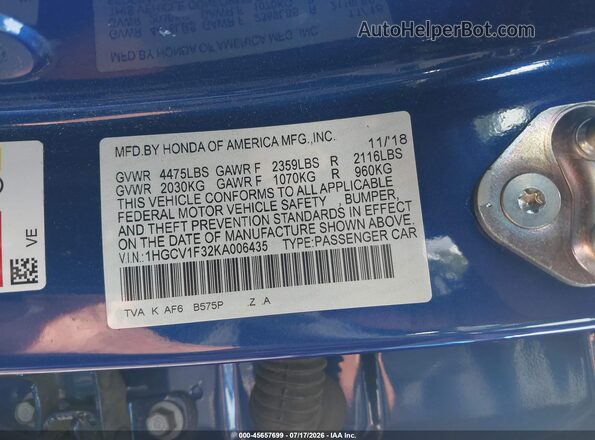 1HGCV1F32KA006435 2019 HONDA ACCORD Blue Շարժիչի բաժամունքի տեսք