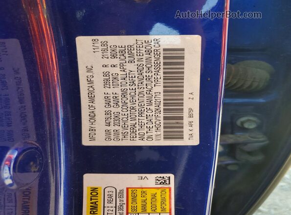 1HGCV1F32KA021713 2019 HONDA ACCORD Blue ძრავის განყოფილების ხედი