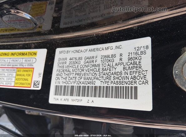 1HGCV1F32KA024692 2019 HONDA ACCORD Black Engine compartment view