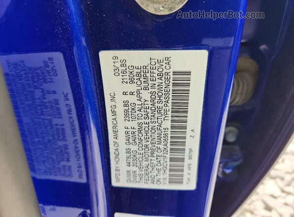 1HGCV1F32KA065615 2019 HONDA ACCORD Blue Vista del compartimento del motor