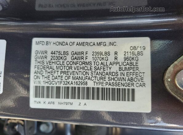 1HGCV1F32KA162958 2019 HONDA ACCORD Gray VIN կոդի պիտակի տեսք