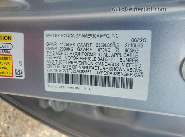 1HGCV1F32LA088555 2020 HONDA ACCORD Silver Շարժիչի բաժամունքի տեսք
