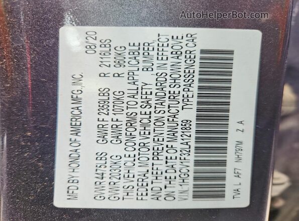 1HGCV1F32LA121859 2020 HONDA ACCORD Gray Engine compartment view