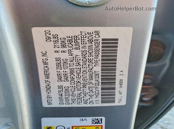 1HGCV1F32LA133977 2020 HONDA ACCORD Silver VIN կոդի պիտակի տեսք
