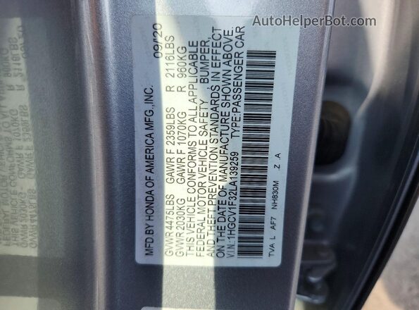1HGCV1F32LA139259 2020 HONDA ACCORD Silver Widok naklejki z numerem VIN