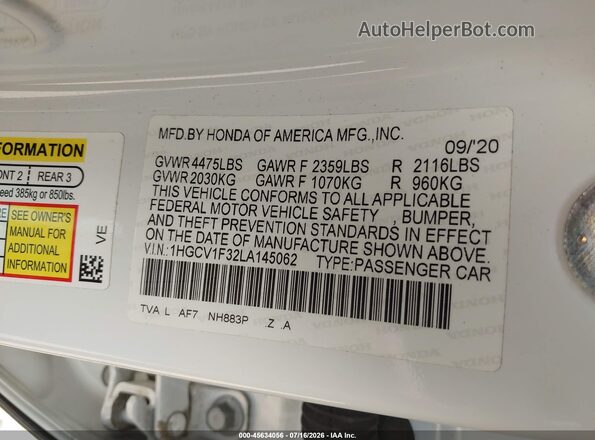 1HGCV1F32LA145062 2020 HONDA ACCORD White Вид підкапотного простору