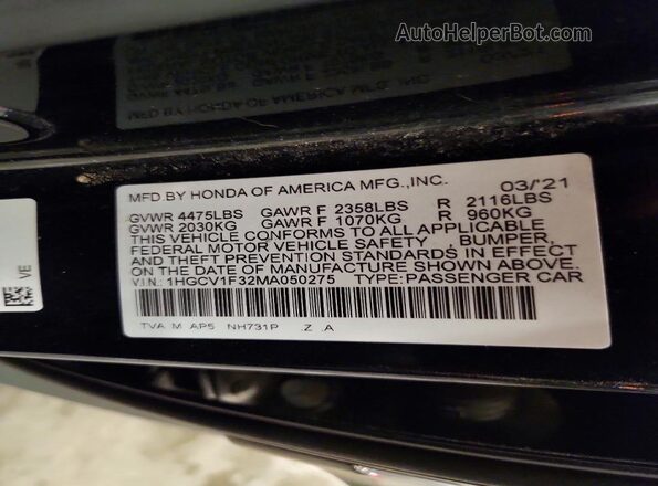 1HGCV1F32MA050275 2021 HONDA ACCORD Black Engine compartment view