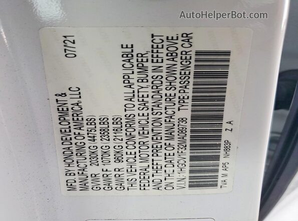 1HGCV1F32MA089738 2021 HONDA ACCORD White VIN կոդի պիտակի տեսք