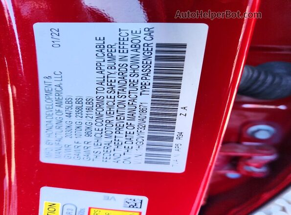 1HGCV1F32NA018671 2022 HONDA ACCORD Red Vista del compartimento del motor