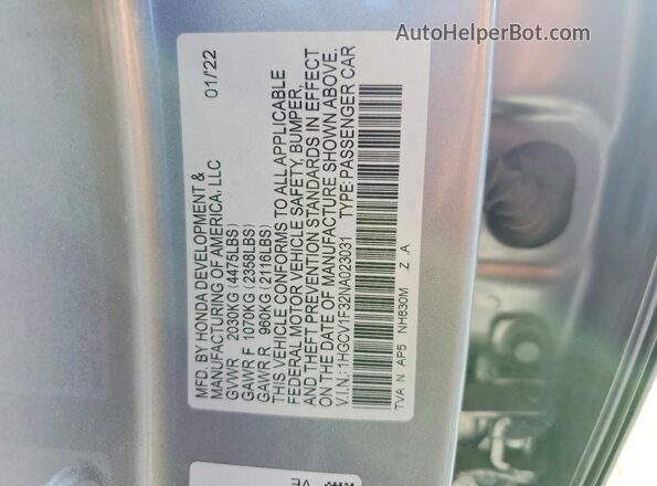 1HGCV1F32NA023031 2022 HONDA ACCORD Серебряный Вид наклейки с VIN-кодом