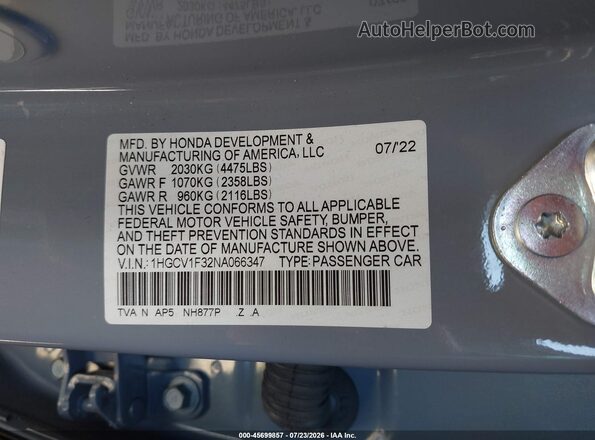 1HGCV1F32NA066347 2022 HONDA ACCORD Gray Vista del compartimento del motor