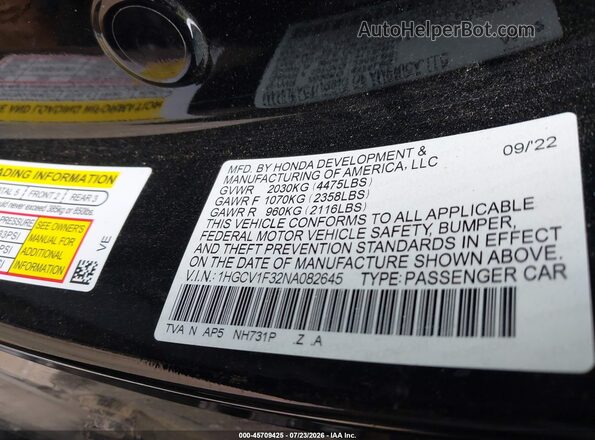1HGCV1F32NA082645 2022 HONDA ACCORD Black Widok komory silnika