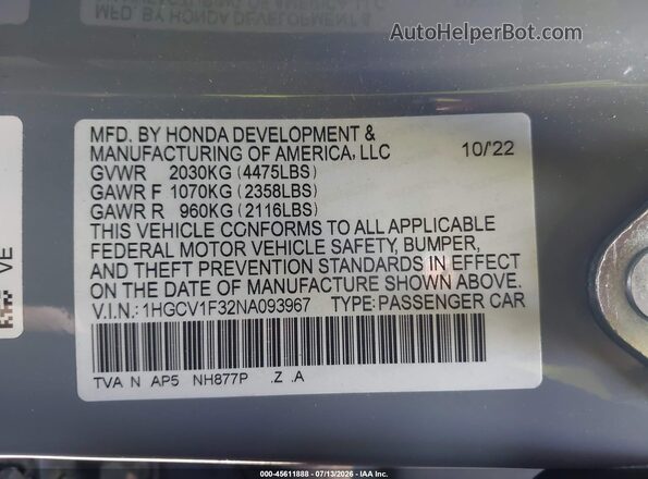 1HGCV1F32NA093967 2022 HONDA ACCORD Gray Widok komory silnika