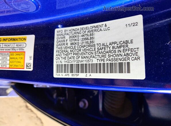 1HGCV1F32NA110573 2022 HONDA ACCORD Blue Вид підкапотного простору