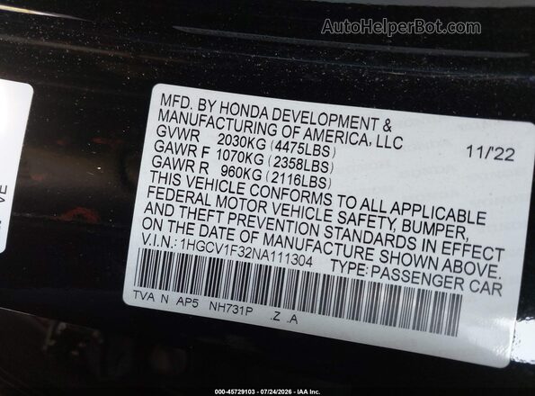 1HGCV1F32NA111304 2022 HONDA ACCORD Black Vista del compartimento del motor