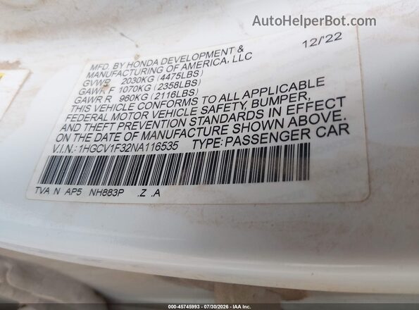 1HGCV1F32NA116535 2022 HONDA ACCORD White Вид підкапотного простору