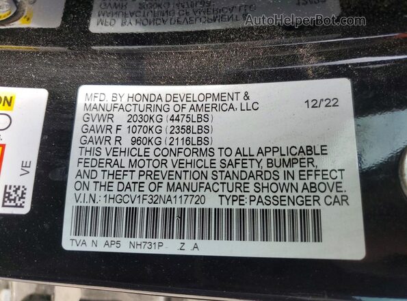1HGCV1F32NA117720 2022 HONDA ACCORD Black ძრავის განყოფილების ხედი