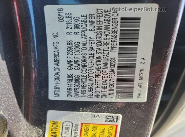 1HGCV1F33JA132334 2018 HONDA ACCORD Серый Вид наклейки с VIN-кодом