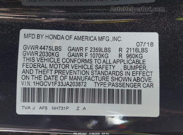 1HGCV1F33JA203872 2018 HONDA ACCORD Black Widok komory silnika