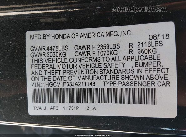 1HGCV1F33JA211146 2018 HONDA ACCORD Black Вид підкапотного простору